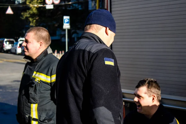 Tras Los Ataques Masivos Drones Rusos Fachada Edificio Centro Kiev — Foto de Stock