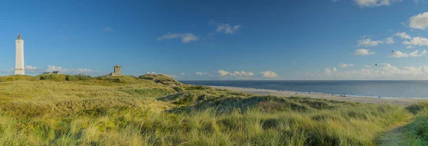  Panorama view of Blvand lighthouse on wide dune of Blvandshuk with beach view on the west coast of Jutland, by Esbjerg, Denmark. 