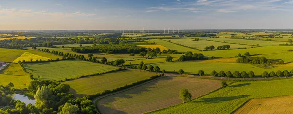Panorama Aerial View Countryside Infrastructure Windmills Agriculture Field Agriculture Fields — Stock Photo, Image