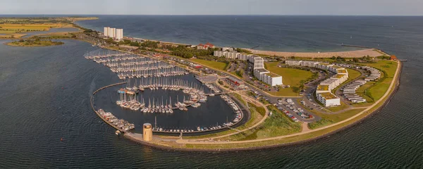 Aerial Panoramic View Landscape Boats Sea Marina Bay Burgtiefe Sdstrand — Stock Photo, Image