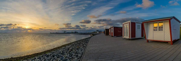 Panorama View Colorful Beach Houses Bathhouses Dike Dagebll Its Harbour — стоковое фото