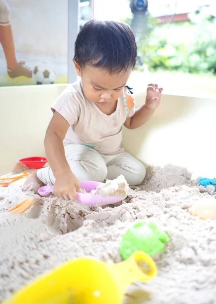 Asian Toddler Boy Enjoy Playing Sand Sandbox Having Fun Stock Picture