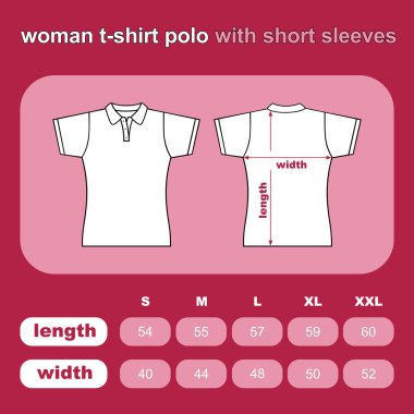 t-shirt kadın polo arka ve ön. Tablo boyutları gömlek. vektör çizim.