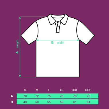 t-shirt polo erkek geri ve ön. Tablo boyutları gömlek. vektör çizim.