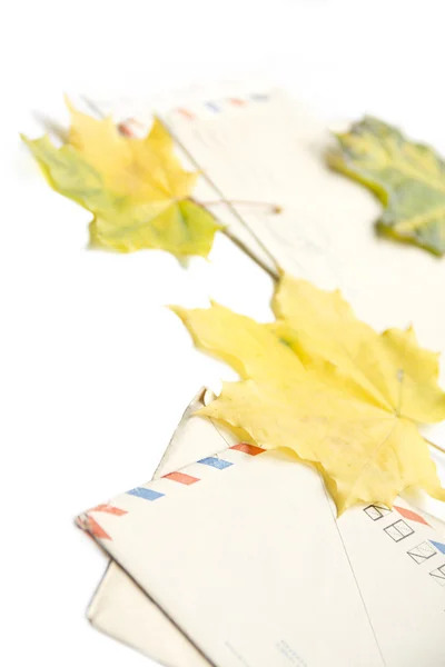 Oude enveloppen en Herfstbladeren — Stockfoto