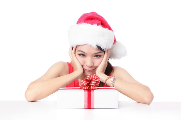 Girl smile and happy look Christmas gift — Stock Photo, Image