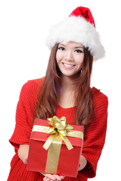 Santa mujer con caja de regalo de Navidad —  Fotos de Stock