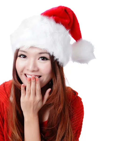 Surpreendido Santa menina sorriso cobrindo sua boca — Fotografia de Stock