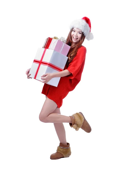 Christmas happy Girl Smile Holding Gift Box — Stock Photo, Image