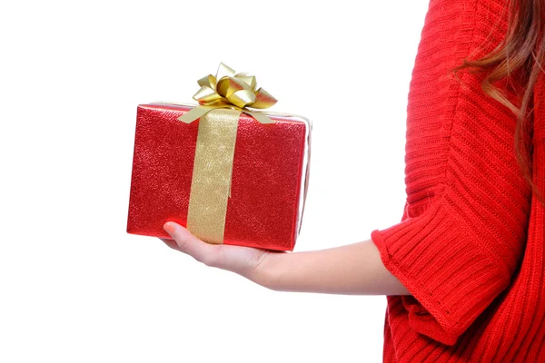 Young girl holding red gift — Stock Photo, Image