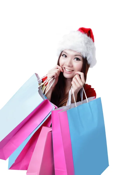 Christmas woman happy take shopping bag — Stock Photo, Image