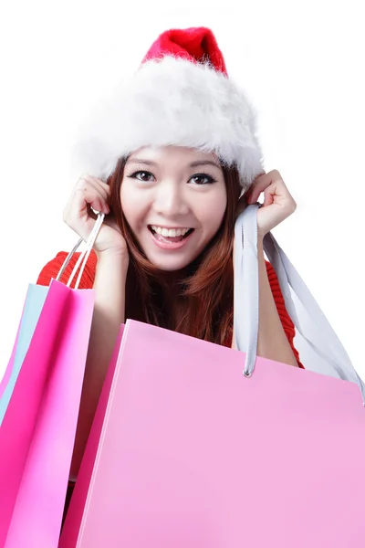 Christmas woman happy take shopping bag — Stock Photo, Image