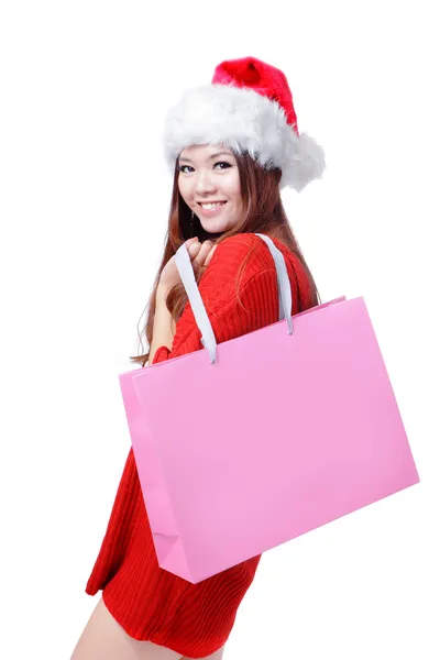 Natal menina tomar rosa em branco saco de compras — Fotografia de Stock