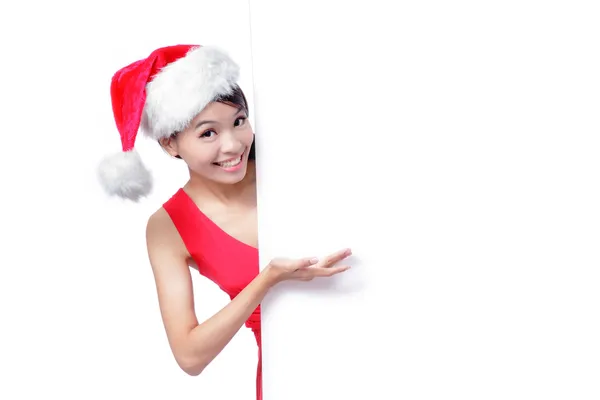 Chica de Navidad sonrisa Mostrar cartelera —  Fotos de Stock