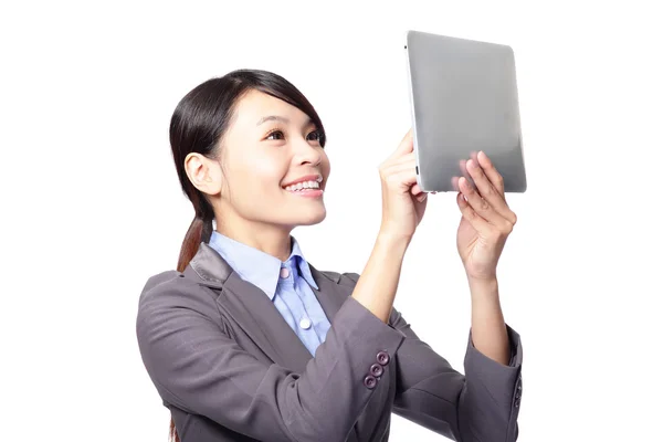 Woman using tablet PC by finger — Stock Photo, Image