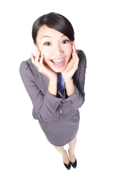 Joven mujer de negocios sorprendida sonriendo — Foto de Stock