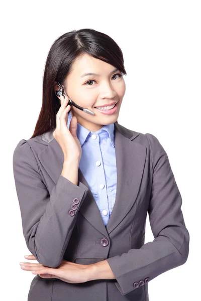 Operadora de atención al cliente femenina con auriculares — Foto de Stock