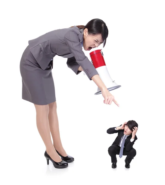 Angry boss with megaphone yelling to Staff — Stock Photo, Image