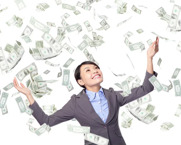 Üzleti nő felnéz alá eső pénzt — Stock Fotó