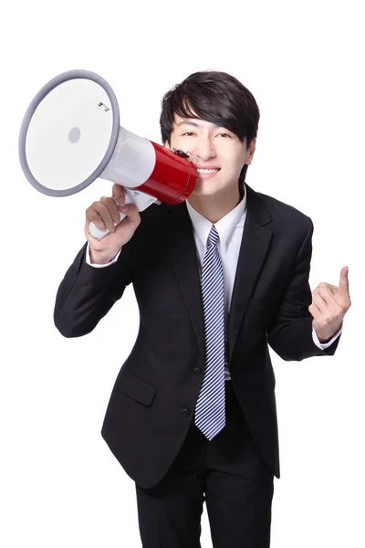 Business man happy shouting megaphone — Stock Photo, Image