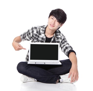 Young man finger point to empty computer screen clipart