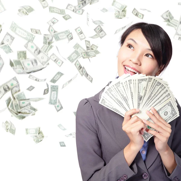 Sonrisa de mujer feliz con un puñado de dinero — Foto de Stock