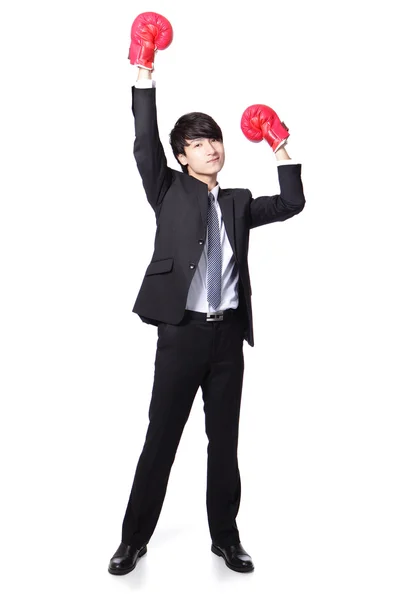 Businessman win pose with boxing gloves — Stock Photo, Image