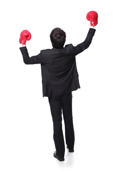 Back view of win pose with boxing gloves — Stock Photo, Image