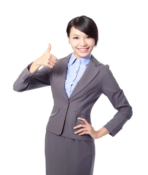 Mujer de negocios feliz con los pulgares arriba — Foto de Stock