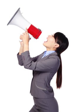 Business woman screaming in megaphone clipart