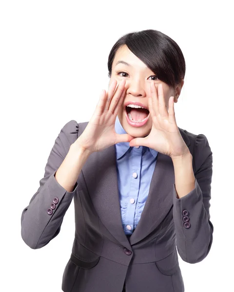 Gelukkig zakelijke vrouw schreeuw en schreeuwen — Stockfoto