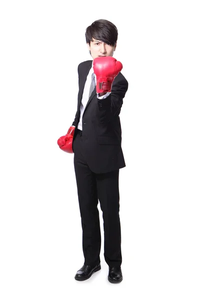 Angry businessman with boxing gloves — Stock Photo, Image