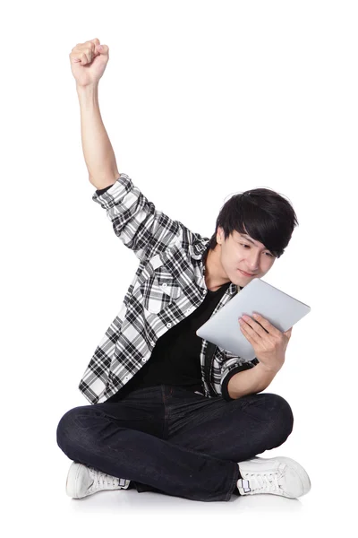 Young man happy using tablet pc — Stock Photo, Image