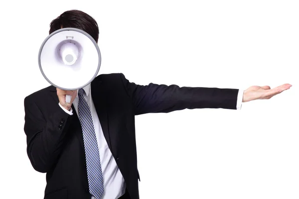 Asiático homem de negócios usando bullhorn — Fotografia de Stock