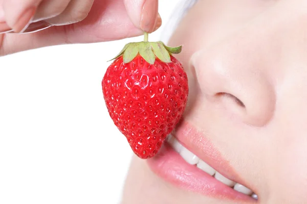 Beautiful lips with strawberry — Stock Photo, Image