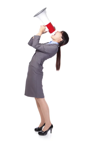 Asian businesswoman using bullhorn — Stock Photo, Image