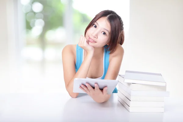 Beautiful girl hold touch pad — Stock Photo, Image