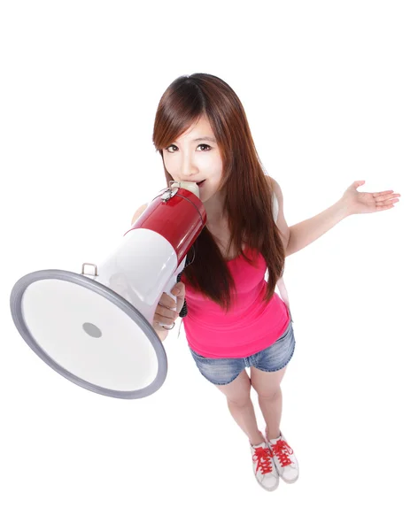 Menina estudante gritando através de megafone — Fotografia de Stock