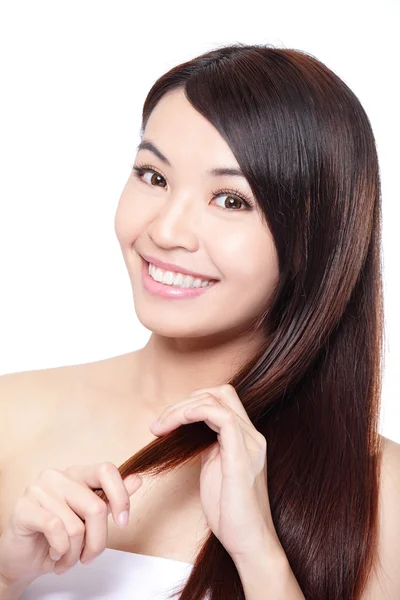 Young woman happy touch her hair — Stock Photo, Image