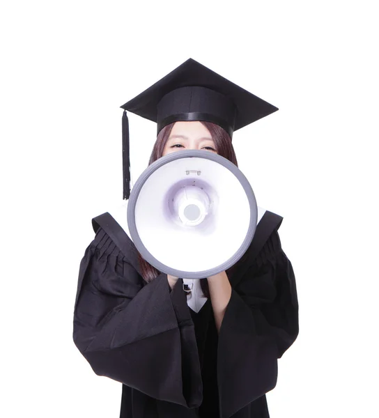 Donna studente laureato felice con megafono — Foto Stock