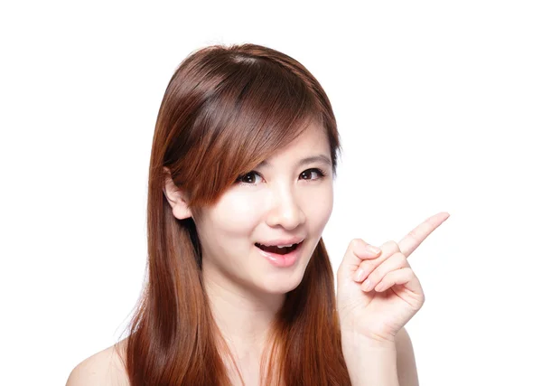 Beautiful woman smile pointing — Stock Photo, Image
