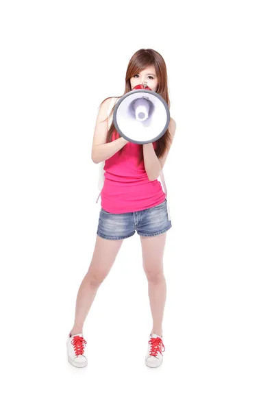 Menina adolescente com megafone — Fotografia de Stock