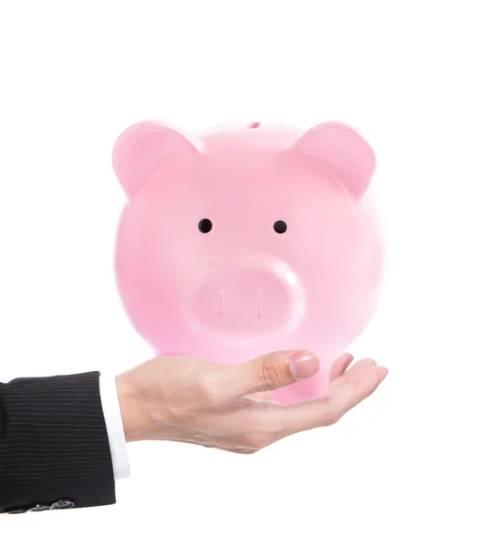 Mannenhand bedrijf piggy bank — Stockfoto