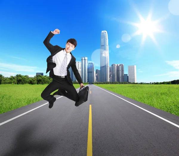 Excited Business man jump and run — Stock Photo, Image