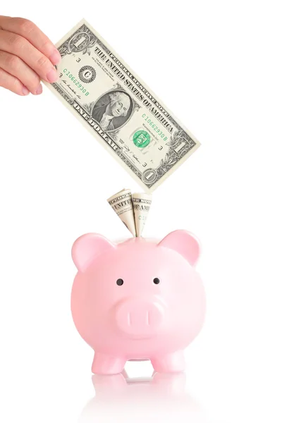 Pink piggy bank with money — Stock Photo, Image