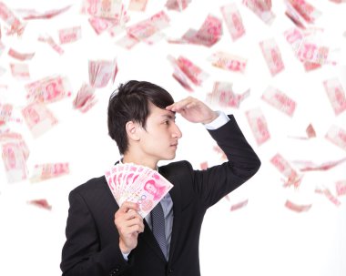 Happy business man hold China money clipart