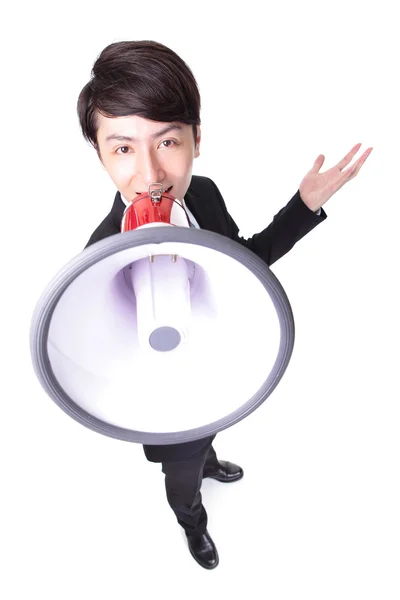 Happy asian businessman using megaphone — Stock Photo, Image