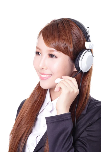 Üzleti nő fejhallgatós mikrofont viselő — Stock Fotó