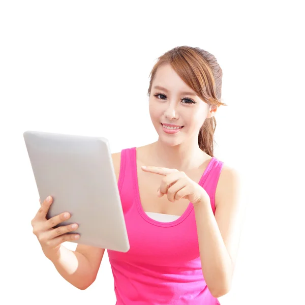 女孩高兴使用 tablet pc 计算机 — 图库照片