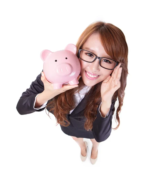Piggy bank besparingen vrouw die lacht gelukkig — Stockfoto